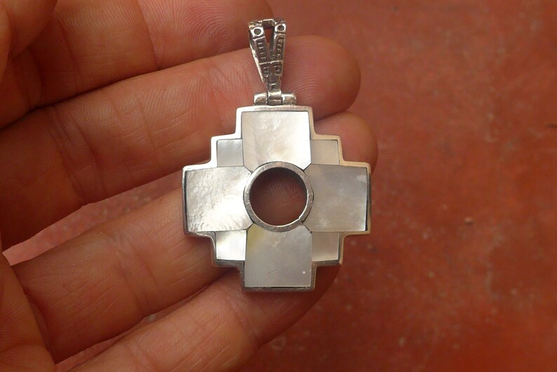 Big Reversible White Mother of Pearl Chakana Pendant with Inca History on the back