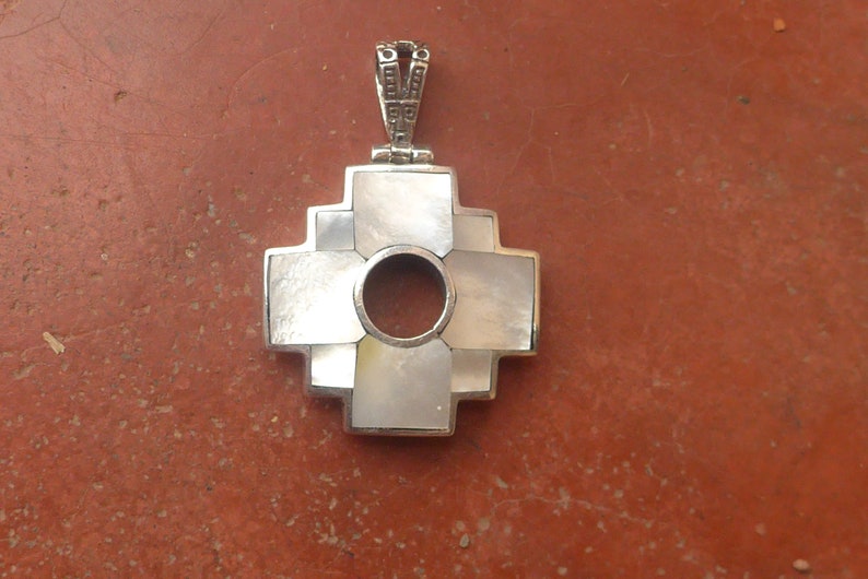 Big Reversible White Mother of Pearl Chakana Pendant with Inca History on the back