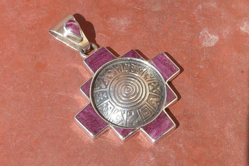 Purple Chakana Pendant with Inca Calendar and Spiral