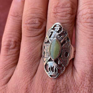 Size - US 10.5 - Unique  Silver Inka History Ring with Serpentine Stone