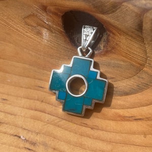 Reversible Light Blue Chakana Pendant with Inca Trilogy ( Puma,  Condor, Serpent) on the back