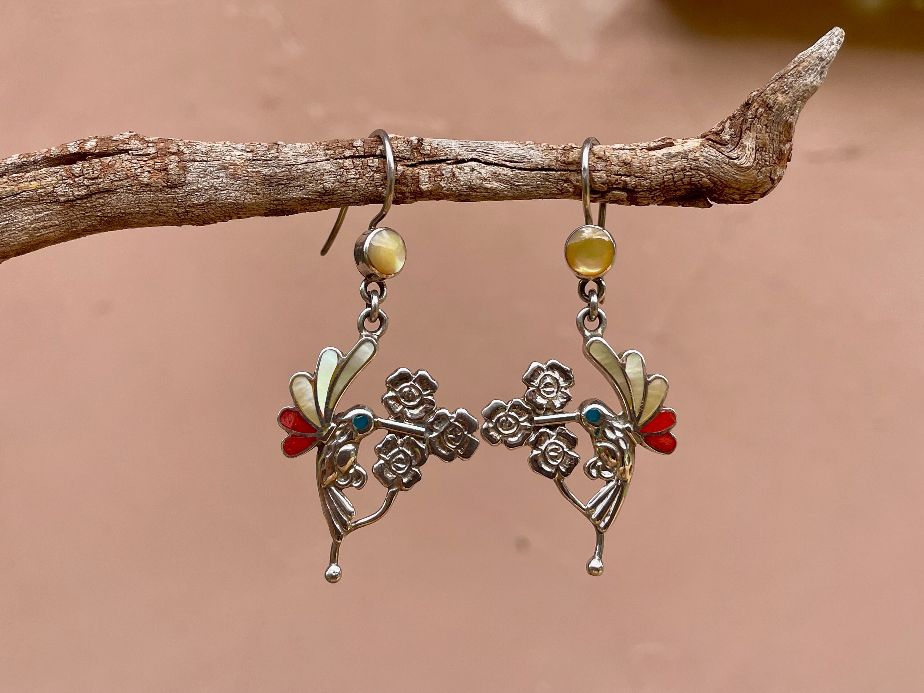 Silver Hummingbird and Flower Earrings