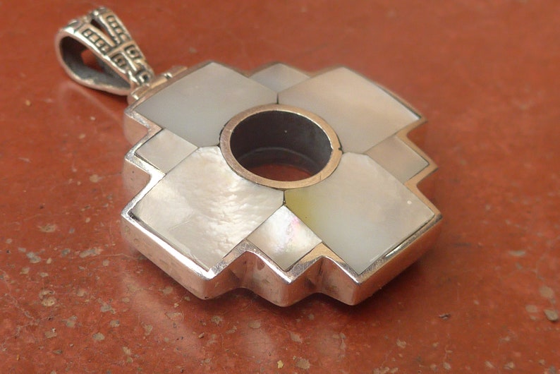 Big Reversible White Mother of Pearl Chakana Pendant with Inca History on the back