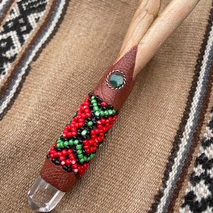 Wood Kuripe with Shipibo Beaded design and quartz - triple nostril