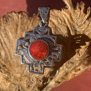 Silver Chakana Pendant with Inka Trilogy ( Condor, Puma, Snake ) with Red Spondyllus in the center