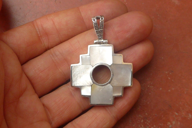 Big Reversible White Mother of Pearl Chakana Pendant with Inca History on the back