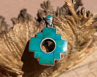 Reversible Green Chrysocolla and Silver Chakana Pendant with Inca History on the back