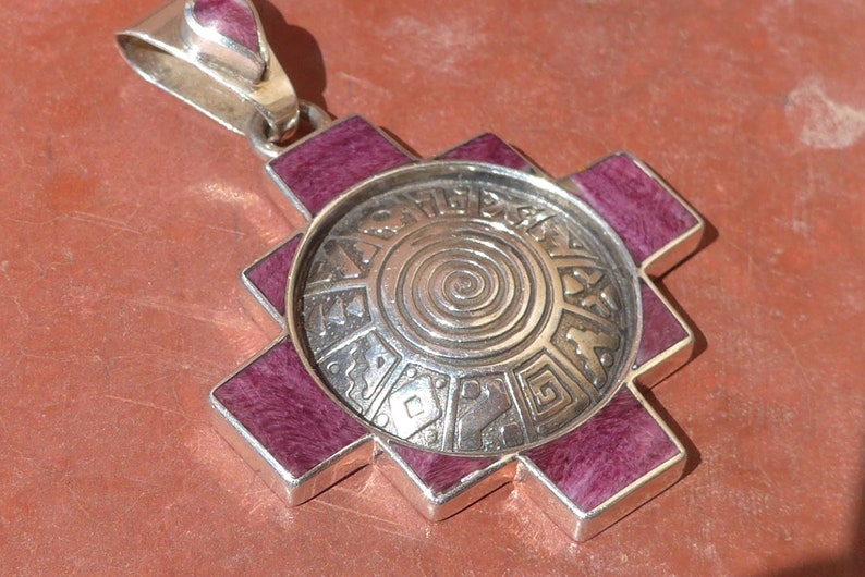 Purple Chakana Pendant with Inca Calendar and Spiral