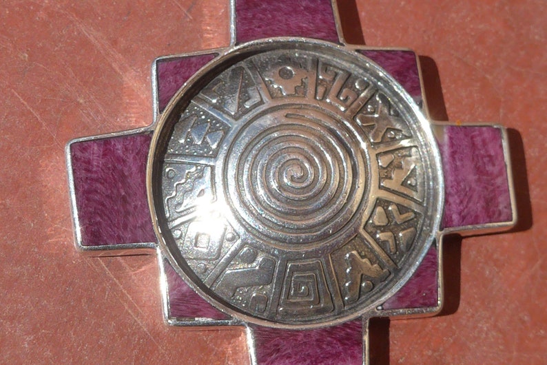 Purple Chakana Pendant with Inca Calendar and Spiral