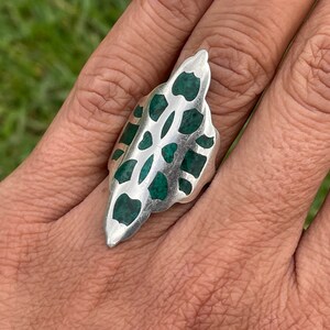 Size - US 7.5 - Unique  Silver Ring with Green Chrysocolla Stones