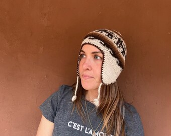 White Alpaca Wool Beanie with Llamas