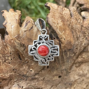 Reversible Chakana Pendant with Inca’s Triology, Serpentine , and Spondyllus stones (950 silver)