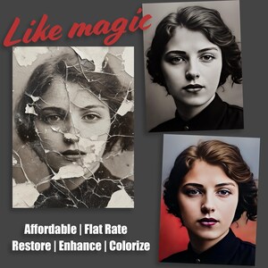 May include: Before and after image restoration. A black and white photo of a woman with damaged edges is shown on the left. On the right, the same woman is shown in a colorized photo with her face restored and enhanced.