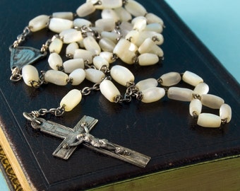 59 bead decade rosary - Mother of Pearl - Nacre - White Metal Crucifix - French Vintage