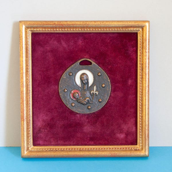 Bronze and Enamel Medal - Ellie Pellegrin - In a Gold Colored Frame and Velvet Mount - French Vintage