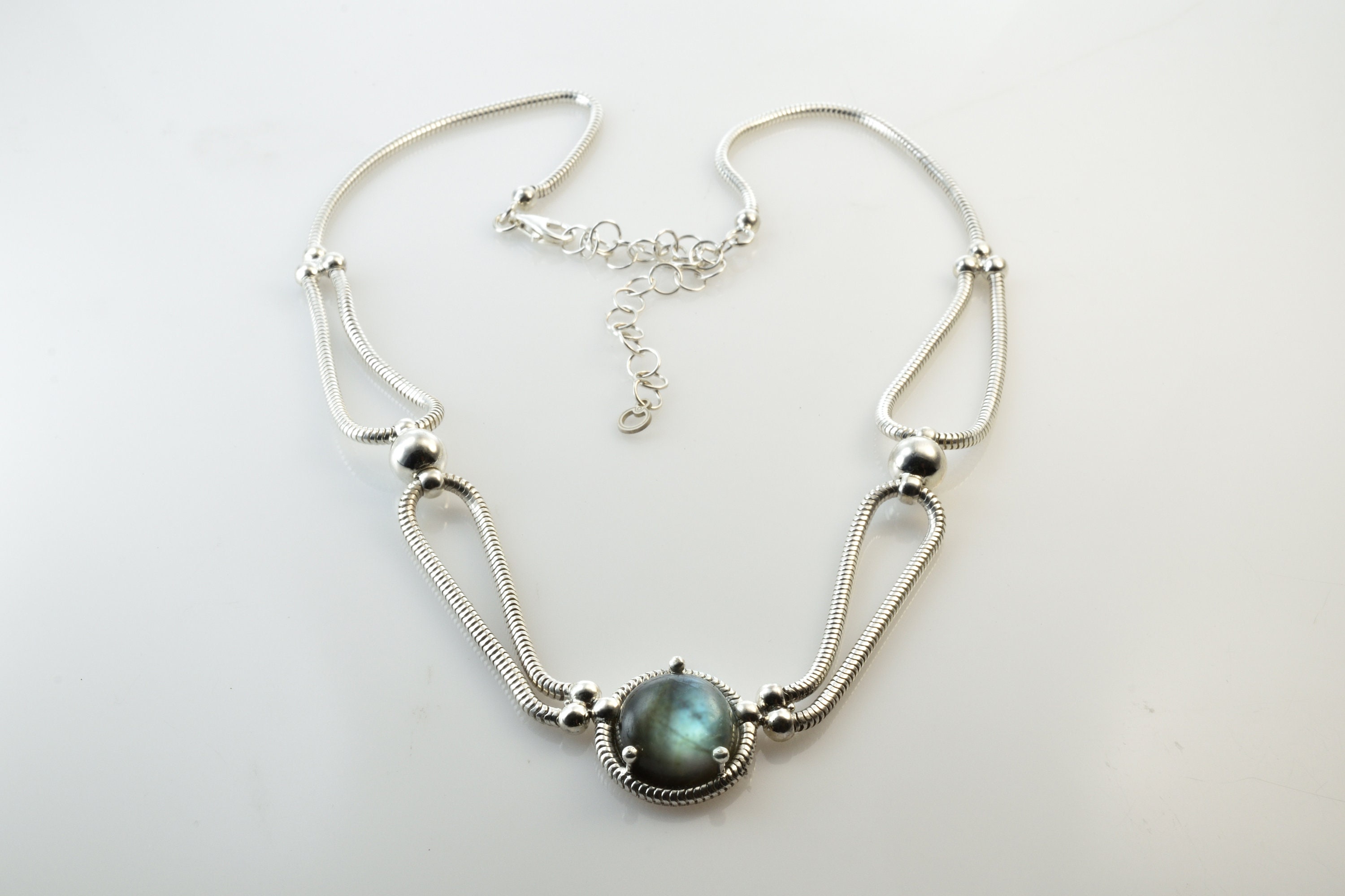 Labradorite Sterling Silver Necklace, Natural Stone Pendant, Simple Jewelry liappis,gothik necklace,Flashy Necklace,silver ball necklace
