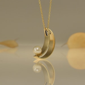Solid gold or silver half moon pendant  with pearl in 14 karat or 9 karat by Liappis jewelry
