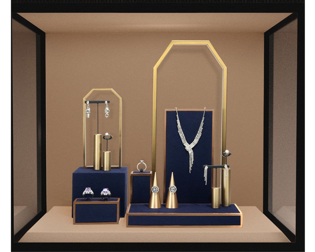 Blue Microfiber Jewelry Display Stand, Metal Earring Holder, Metal