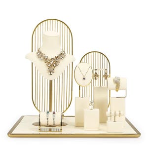 Parure de présentoir à bijoux en velours beige, porte-bijoux avec cadre en métal, buste de mannequin pour collier haut, porte-boucles d'oreilles, range-bijoux #635