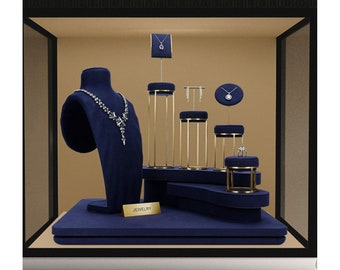 Dark Blue Microfiber Jewelry Display Set: Necklace Bust, Ring Holder