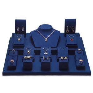 Navy Velvet Jewelry Display Set, Boutique Gold Base Necklace Ring Earring Stand #864