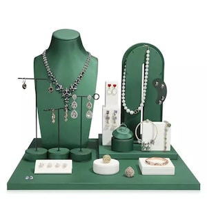 Green PU Leather Jewelry Display Set: Mannequin Bust & Earring Holder
