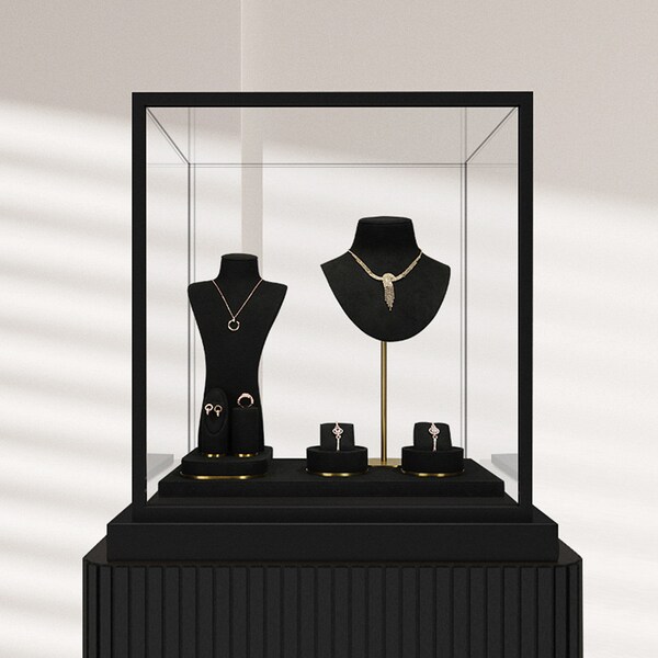 Microfiber Black Jewelry Display Set, Metal Base Black Necklace Bust, T-bar Earring Holder, Jewelry Tray #075