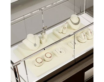 Beige kleur sieraden display set, glazen kast sieraden orgnaizer, ketting buste display stand, warenhuis display #222