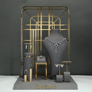 Gray Microfiber Jewelry Display Set: Metal Frame Handmade Stand