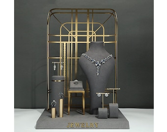 Gray Microfiber Jewelry Display Set: Metal Frame Handmade Stand #897