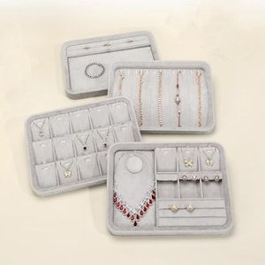 Bandeja de exhibición de joyas de terciopelo gris claro, bandeja con tapa, para guardar collares y anillos, n.° 661