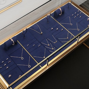 Blue Microfiber Jewelry Display Set: Metal Base, Ring & Earring Holder