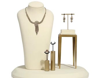 Ensemble de présentoir à bijoux ivoire et or pour boutique, présentoir de bagues de boucles d'oreilles de collier pour comptoir de vente au détail # 029