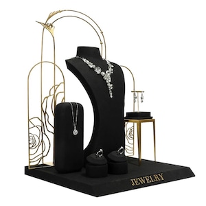 Black Microfiber & Metal Back Frame Jewelry Display Set, Boutique Shop Holder #050XH