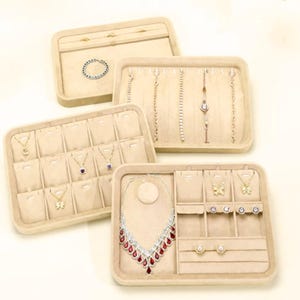 Bandeja de microfibra beige para guardar joyas, anillos con tapa, expositor de pendientes, escurreplatos, expositor para ferias comerciales, n.° 662