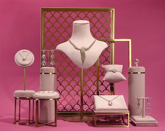 Pink Velvet Jewelry Display Set Microfiber Metal Base Jewelry