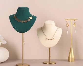 Green Velvet Necklace Display Bust Stand, Boutique Shop Necklace Holder with Gold Base, #138