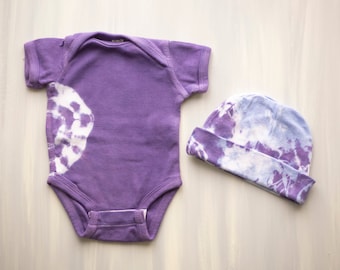 Tie-Dyed Newborn Bodysuit + Hat Set, Purple Baby Shower Gift