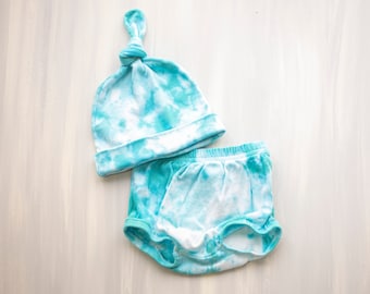 Aqua Tie-Dyed Baby Set: Cotton Bloomers & Knotted Beanie (3 Months)