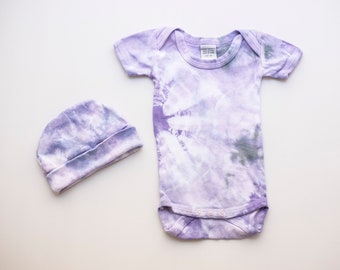 NB Lavender Tie-Dye Baby Bodysuit + Cap Set, Newborn Gift