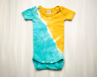 Yin Yang Tie Dye Baby Bodysuit: Aqua + Amber, 6-9 Months