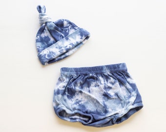 3MO: Blue Tie-dyed bloomers + knotted beanie set, Baby shower gift for babies about 3 months