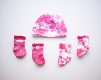 Hibiscus Pink Tie-Dye Baby Beanie and Socks Set, Bamboo Rayon