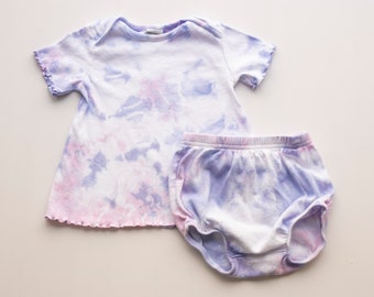 12MO Tie-Dyed Baby Outfit: Pink & Lavender Tunic Top with Bloomers (12 Months)