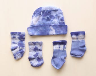 Periwinkle Tie-Dye Baby Beanie and Sock Set, Bamboo Rayon