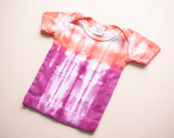 6MO Shibori Tie-Dyed Baby T-Shirt: Tangerine + Raspberry