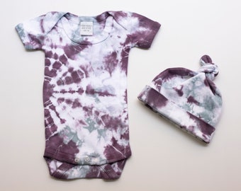 3MO Tie-Dye Baby Romper and Cap Set, Eggplant Purple, (3 Months)