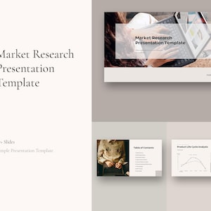 May include: A presentation template for market research with 67+ slides. The template features a simple design with a neutral color palette and includes charts, graphs, and tables. The template is ideal for businesses and individuals who need to present market research findings.