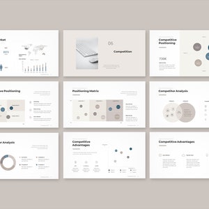 Peut inclure: Une s&eacute;rie de diapositives de pr&eacute;sentation commerciale dans une palette de couleurs neutres. Les diapositives couvrent des sujets tels que le march&eacute; cible, la concurrence et les avantages concurrentiels. Des graphiques et des diagrammes sont utilis&eacute;s.