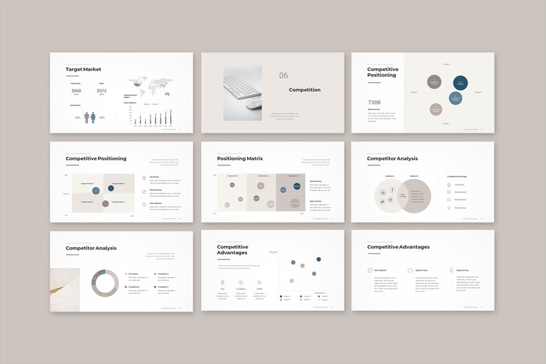 Peut inclure: Une s&eacute;rie de diapositives de pr&eacute;sentation commerciale dans une palette de couleurs neutres. Les diapositives couvrent des sujets tels que le march&eacute; cible, la concurrence et les avantages concurrentiels. Des graphiques et des diagrammes sont utilis&eacute;s.
